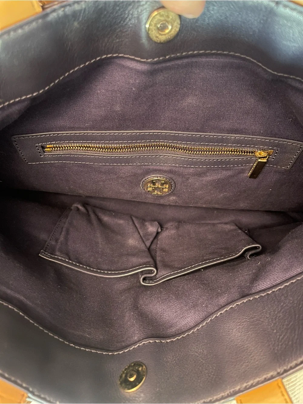 Tory Burch Navy and Tan Geometric Stripe Leather Tote